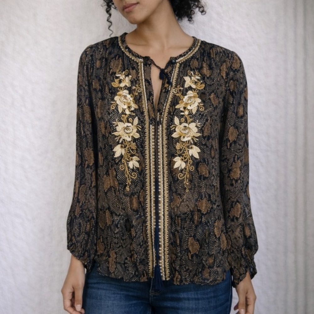 Savannah Jane Dark Romantic Boho Snake‎ Print Sheer Blouse Small